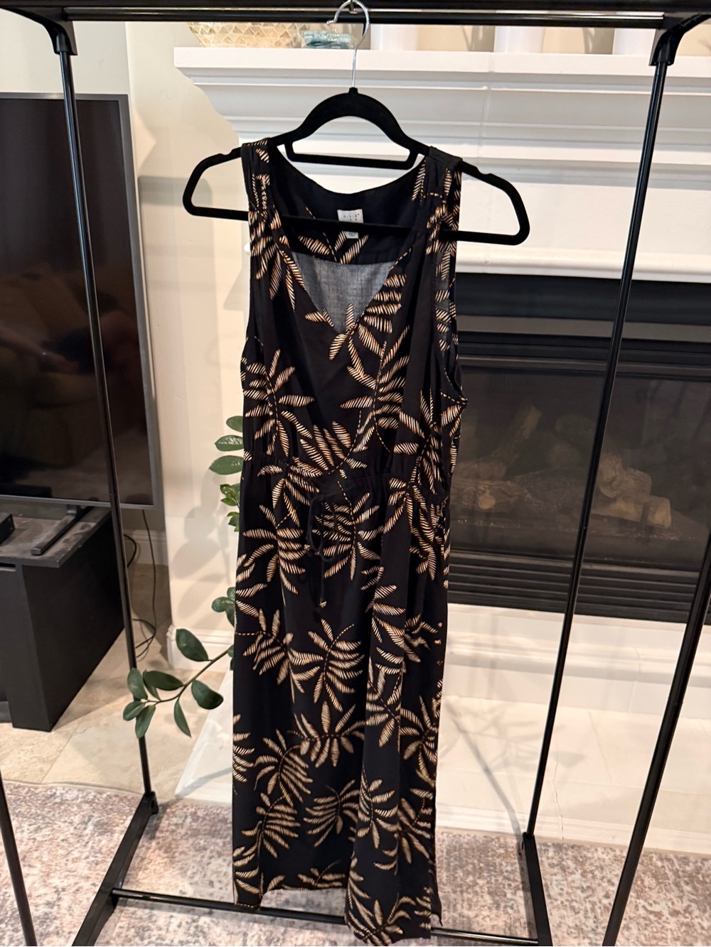 a new day Black Maxi Dress with Gold Leaf Motif